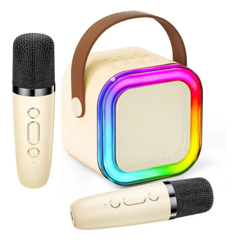 Portable Mini Karaoke Machine with 2 Wireless Microphones - Rechargeable USB Bluetooth Speaker, LED Lights, Suitable for Family Gatherings, Birthday Parties, Gifts for 3-14 Year-Old Children
