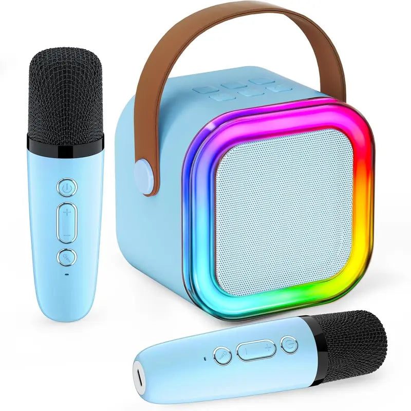 Portable Mini Karaoke Machine with 2 Wireless Microphones - Rechargeable USB Bluetooth Speaker, LED Lights, Suitable for Family Gatherings, Birthday Parties, Gifts for 3-14 Year-Old Children