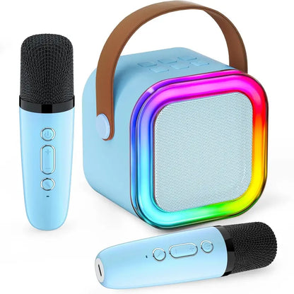 Portable Mini Karaoke Machine with 2 Wireless Microphones - Rechargeable USB Bluetooth Speaker, LED Lights, Suitable for Family Gatherings, Birthday Parties, Gifts for 3-14 Year-Old Children