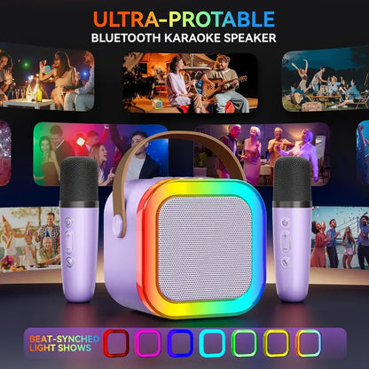Portable Mini Karaoke Machine with 2 Wireless Microphones - Rechargeable USB Bluetooth Speaker, LED Lights, Suitable for Family Gatherings, Birthday Parties, Gifts for 3-14 Year-Old Children
