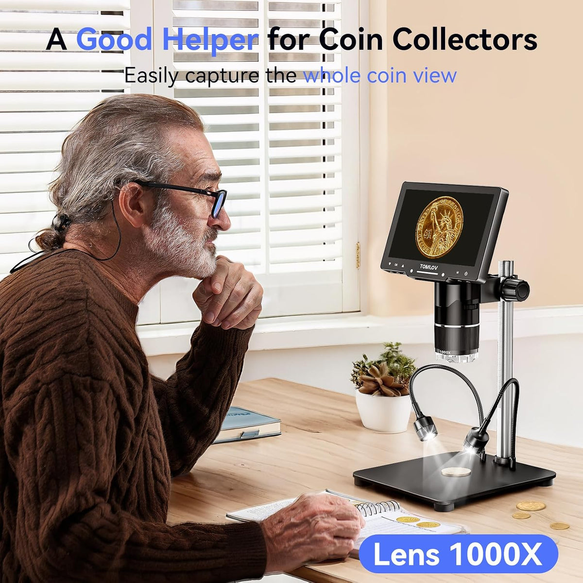 Tril107 3-Lens Digital Microscope 2500X, Coin Magnifier with Light