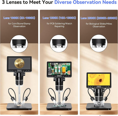 Tril107 3-Lens Digital Microscope 2500X, Coin Magnifier with Light