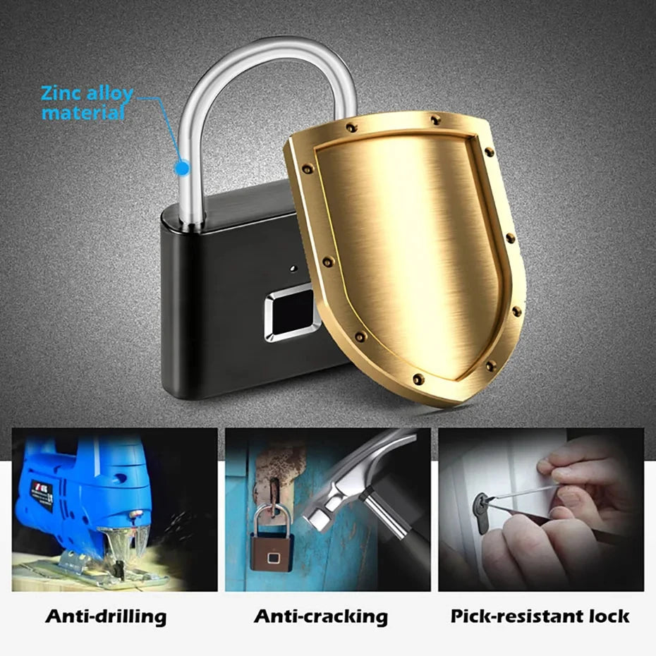 Smart Fingerprint Padlock Waterproof Fingerprint Keyless Door Lock Type C Rechargeable Security Padlock for House