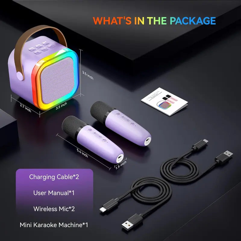 Portable Mini Karaoke Machine with 2 Wireless Microphones - Rechargeable USB Bluetooth Speaker, LED Lights, Suitable for Family Gatherings, Birthday Parties, Gifts for 3-14 Year-Old Children