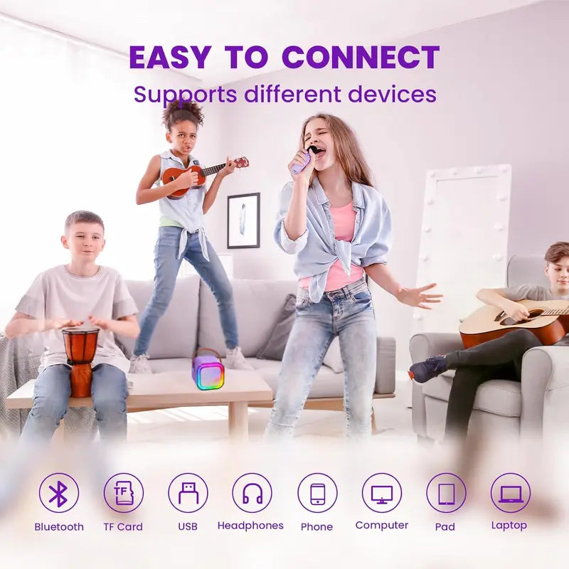 Portable Mini Karaoke Machine with 2 Wireless Microphones - Rechargeable USB Bluetooth Speaker, LED Lights, Suitable for Family Gatherings, Birthday Parties, Gifts for 3-14 Year-Old Children