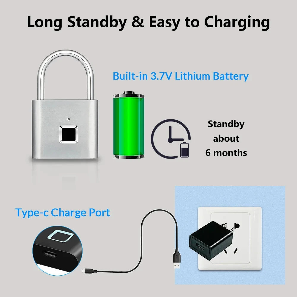 Smart Fingerprint Padlock Waterproof Fingerprint Keyless Door Lock Type C Rechargeable Security Padlock for House