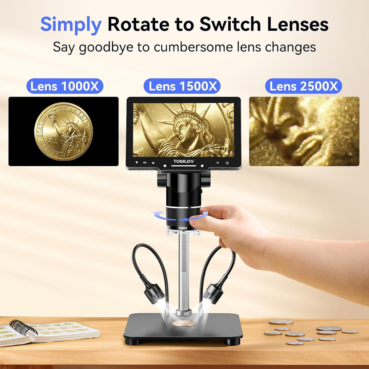 Tril107 3-Lens Digital Microscope 2500X, Coin Magnifier with Light