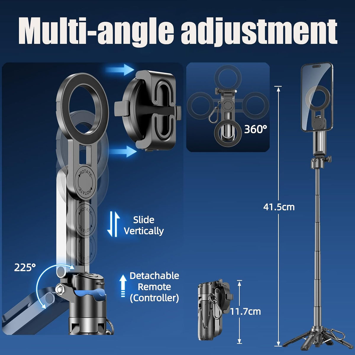 4 in 1 Magnetic Tripod Pocket Selfie Stick Extends to 18.7In