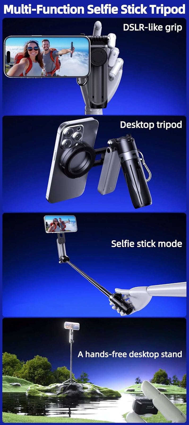4 in 1 Magnetic Tripod Pocket Selfie Stick Extends to 18.7In