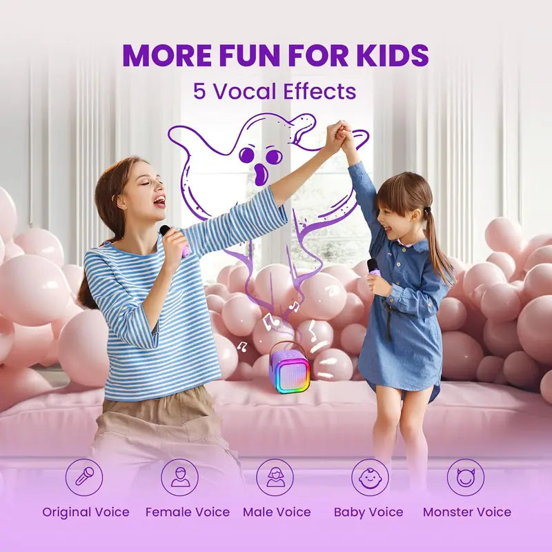Portable Mini Karaoke Machine with 2 Wireless Microphones - Rechargeable USB Bluetooth Speaker, LED Lights, Suitable for Family Gatherings, Birthday Parties, Gifts for 3-14 Year-Old Children